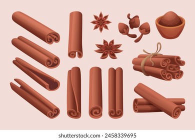 Cinnamon. Cooking natural spice exact vector aromatic food with cinnamon