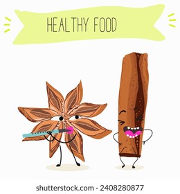 Cinnamon cute funny cheerful characters with different poses and activities. A collection of natural vitamin antioxidants for detoxification. Flat vector illustration, funny spices. Organic food.