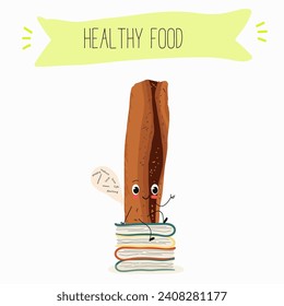 Cinnamon cute funny cheerful characters with different poses and activities. A collection of natural vitamin antioxidants for detoxification. Flat vector illustration, funny spices. Organic food.