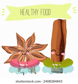 Cinnamon cute funny cheerful characters with different poses and activities. A collection of natural vitamin antioxidants for detoxification. Flat vector illustration, funny spices. Organic food.