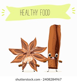 Cinnamon cute funny cheerful characters with different poses and activities. A collection of natural vitamin antioxidants for detoxification. Flat vector illustration, funny spices. Organic food.