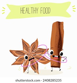 Cinnamon cute funny cheerful characters with different poses and activities. A collection of natural vitamin antioxidants for detoxification. Flat vector illustration, funny spices. Organic food.