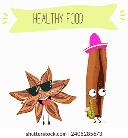 Cinnamon cute funny cheerful characters with different poses and activities. A collection of natural vitamin antioxidants for detoxification. Flat vector illustration, funny spices. Organic food.