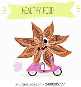 Cinnamon cute funny cheerful characters with different poses and activities. A collection of natural vitamin antioxidants for detoxification. Flat vector illustration, funny spices. Organic food.