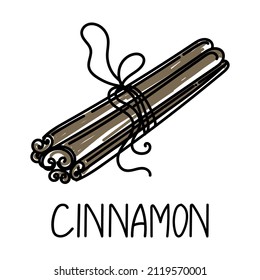 Canela, elemento dibujado en estilo doodle. Plantilla de diseño de logotipo y de empaque de emblema - especias y hierbas - bastones de canela. Logotipo en un estilo lineal de moda.