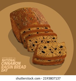 Cinnamon Dry bread and various pieces with raisin filling and bold text on light brown background to celebrate National Cinnamon Raisin Bread Day on September 16