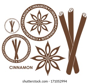 Cinnamon enblem. Vintage style logo. Isolated cinnamon and anise on white background