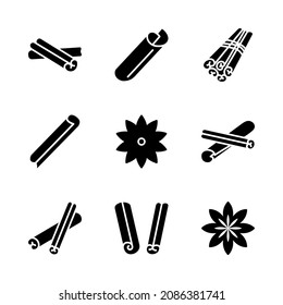 Cinnamon flat line icons set. Symbol of spice - Cinnamon sticks. Simple flat vector illustration for web site or mobile app.