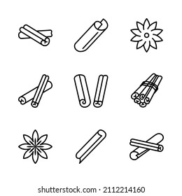 Cinnamon flat line icons set. Symbol of spice - Cinnamon sticks. Simple flat vector illustration for web site or mobile app.