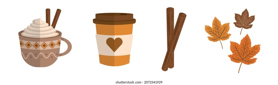 Cinnamon Flavor Hot Drinks Set. Take away coffee cup and Decorative Coffee Mug Isolated Design Elements. Isolated Autumn Leaves and Cinnamon Sticks. 