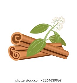 Cinnamon with green leaves sticks on white background.  Isolated on a white background. For web, menu, logo, textile, icon. Vector illustration