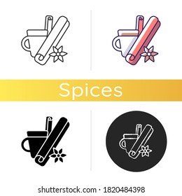 Cinnamon icon. Aromatic condiment for dishes. Flavoring additive. Kitchen spices. Sweet seasoning for dessert. Linear black and RGB color styles. Isolated vector illustrations