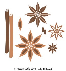 Cinnamon. Icon set. Isolated anise and cinnamon on white background