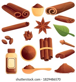 Cinnamon icons set. Cartoon set of cinnamon vector icons for web design