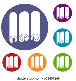Cinnamon icons set in flat circle red, blue and green color for web