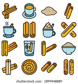 Iconos de canela. Conjunto de esquemas de iconos vectoriales de canela color de línea delgada plano sobre blanco