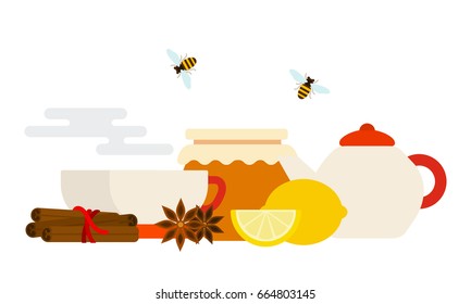 Cinnamon, lemon, anise, teapots for tea making, pot of honey, tea cups with hot steam and flying bees vector flat material design isolated on white