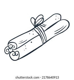 Cinnamon line art. Vector illustration with scribbles on the theme of cozy autumn. Cute element for greeting cards, posters, stickers and seasonal design. Isolated on a white background.