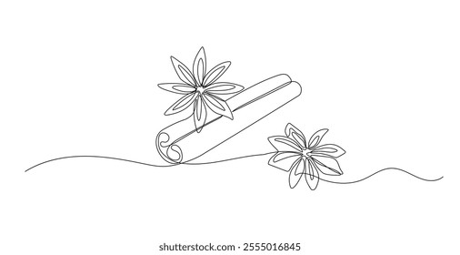 Cinnamon one continuous line illustration. Hand drawn sketch of anise star on white background