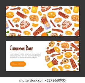 Cinnamon Orange Banner Design with Citrus Fruit, Spice Sticks and Bun Vector Template