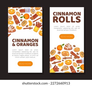 Cinnamon Orange Banner Design with Citrus Fruit, Spice Sticks and Bun Vector Template