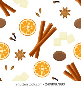 Canela, naranja, clavo de olor, anís sobre un fondo blanco. Patrón sin fisuras con ingredientes de vino caliente.