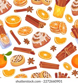Cinnamon Orange Nahtlose Muster mit Zitrusfrüchten, Gewürzstöcken und Vektorvorlage