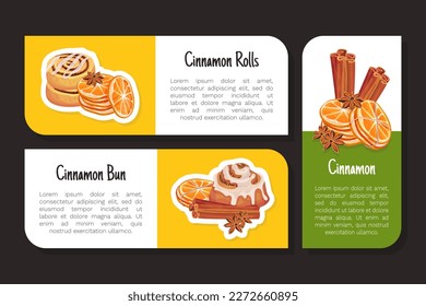 Cinnamon Orange Sticker Design with Citrus Fruit, Spice Sticks and Bun Vector Template