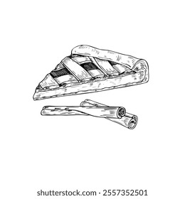 Cinnamon pie slice and seasoning sticks illustration painted by black inks in realistic style. Winter fruit or berry tart hand drawn graphic sketch. Food pastry element for menu, recipe design.