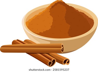 Cinnamon Powder in Bowl with Cinnamon Sticks Illustration Isolated on White Background