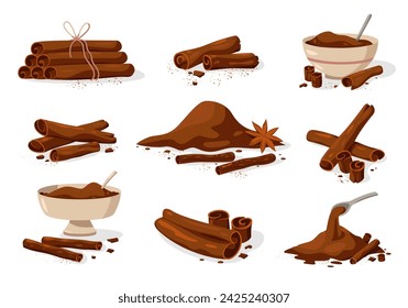 Cinnamon powder. Natural sweet spice for baking and cooking, ground bark of oriental tree for seasoning and dessert. Vector natural spice set of aromatic cinnamon condiment illustration