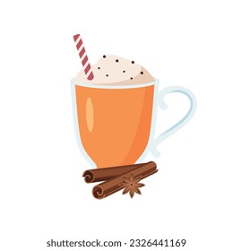 Cinnamon pumpkin latte cup. Pumpkin coffee with cream. Illustrated vector element.