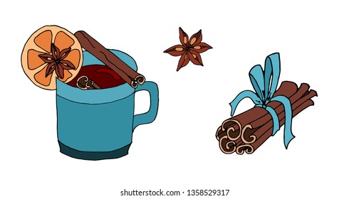 Cinnamon with the ribbon and mulled wine