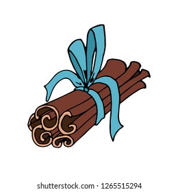 Cinnamon with ribbon, vector, isolated illustration on white background