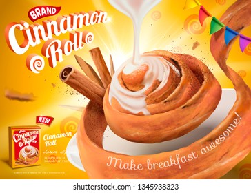 Cinnamon roll ads with condensed milk on yellow background in 3d illustration