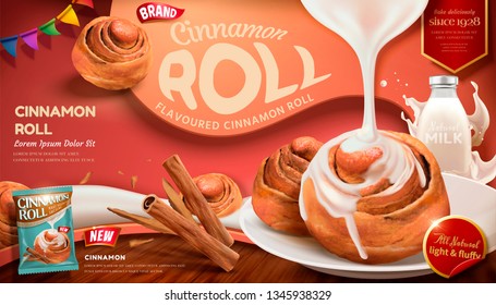 Cinnamon roll ads with condensed milk and rou gui herbs on red background in 3d illustration