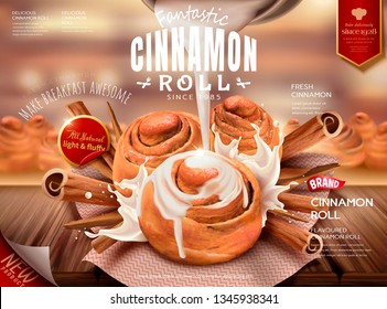 Cinnamon roll ads with condensed milk and rou gui herbs on bokeh background in 3d illustration