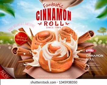 Cinnamon roll ads with pouring milk and rou gui herbs on bokeh nature background, 3d illustration