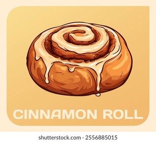 Cinnamon roll beloved gourmet pastry vector illustration. Perfectly swirled dough coated in a luscious cream glaze cartoon icon. Rich texture and inviting aroma of culinary delight for food blogs