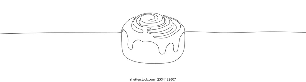 Cinnamon roll ou bun contínua uma linha ilustração vetor. Um pão enrolado coberto com esmalte