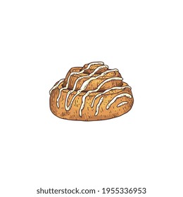Cinnamon roll bun with icing, engraving hand drawn vector illustration isolated.