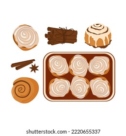 Cinnamon roll bun icons set cartoon vector. Food baked in flat style. Bread bakery concept