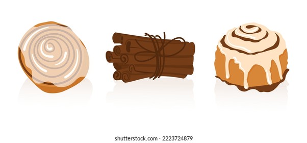 Cinnamon roll bun icons set cartoon vector. Food baked in flat style. Bread bakery concept