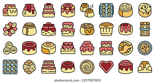 Cinnamon roll bun icons set outline vector. Food baked. Bakery danish thin line color on white