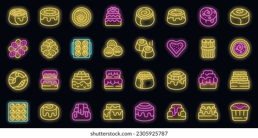 Iconos de bollo de rollo de canela establecen el vector de contorno. Comida horneada. Panadería de color neón danés sobre negro