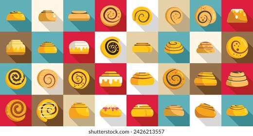 Cinnamon roll bun icons set flat vector. Food baked. Bakery milk danish