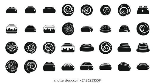 Cinnamon roll bun icons set simple vector. Food baked. Bakery milk danish