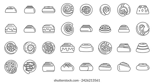 Cinnamon roll bun icons set outline vector. Food baked. Bakery milk danish