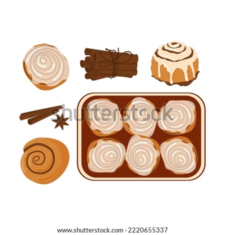 Cinnamon roll bun icons set cartoon vector. Food baked in flat style. Bread bakery concept