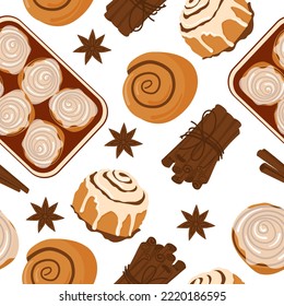 Cinnamon roll bun seamless pattern cartoon vector. Food baked in flat style. Bread bakery concept